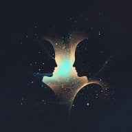 Two abstract faces connected by flowing light representing emotional understanding and relationship clarity